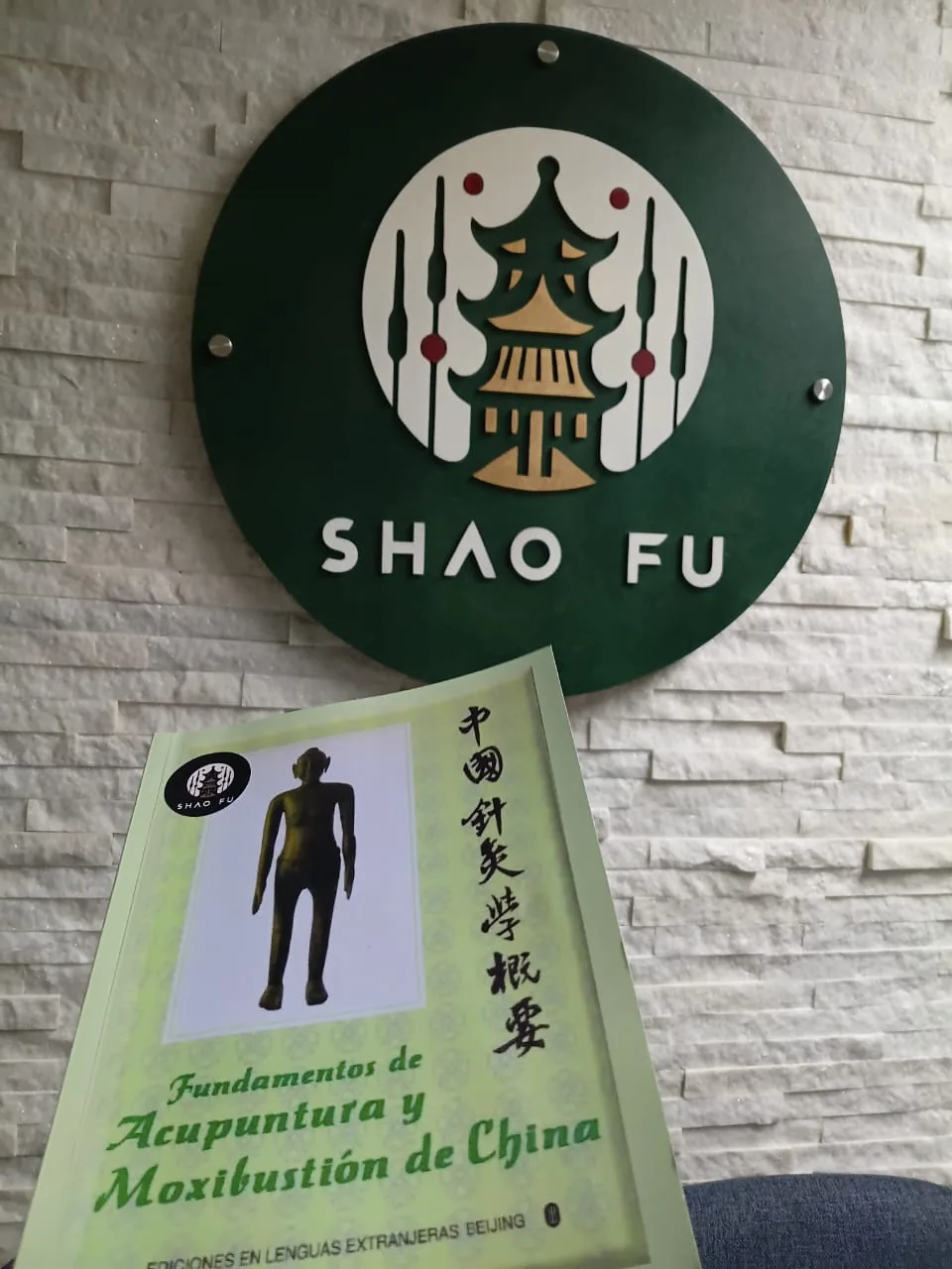 Logo de Academia Shaofu junto a textos de acupuntura y moxibustión
